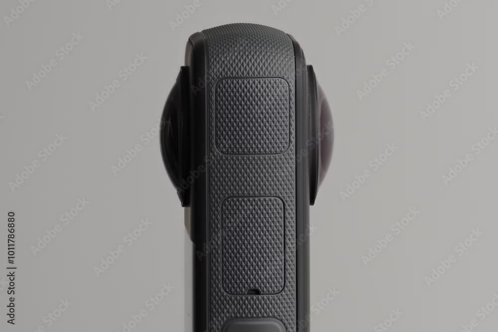 Close-up of 360 degrees camera with two lenses.