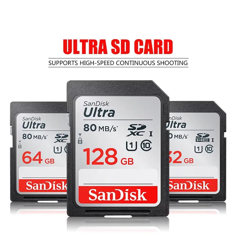 SanDisk Ultra SD Card 32GB SDHC 64GB 128GB SDXC Class 10 U1 Flash Memory Card up to 80MB/s for DSLR Camera Shooting and 4K Video