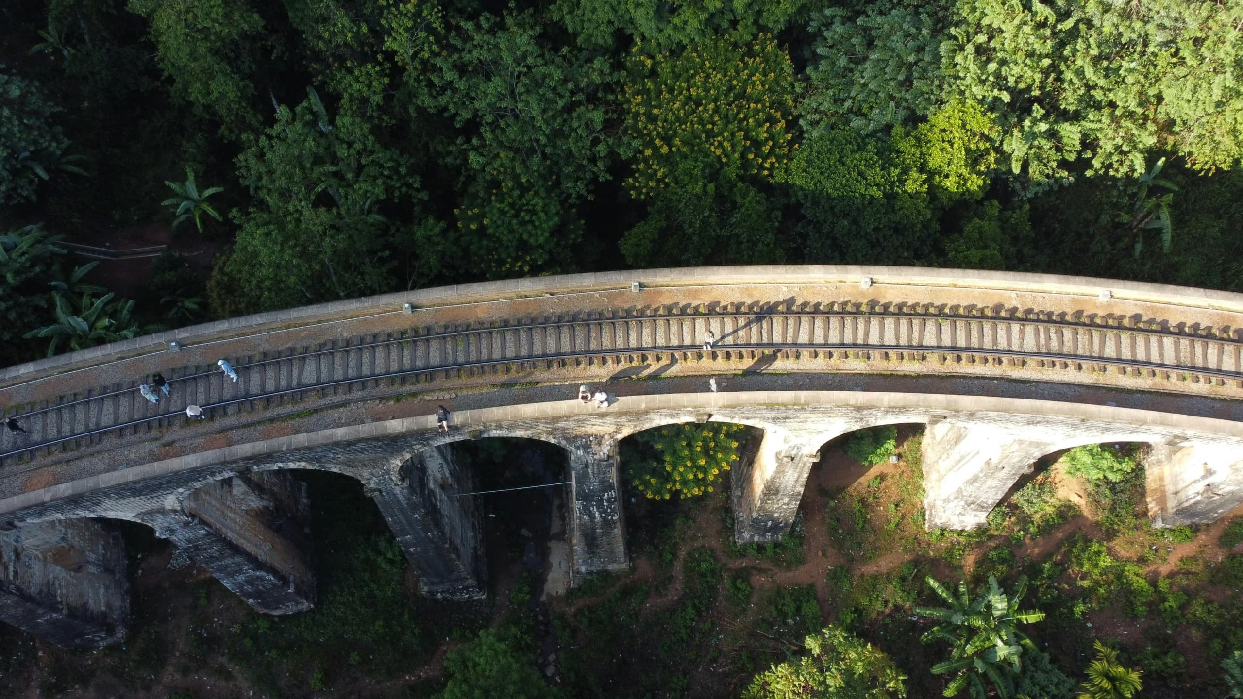 Aerial view of nine arches bridge in lush greenery