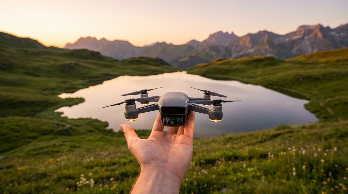 Una mano sostiene un dron con cámara de color gris sobre un lago de montaña al atardecer, con colinas y montañas al fondo.