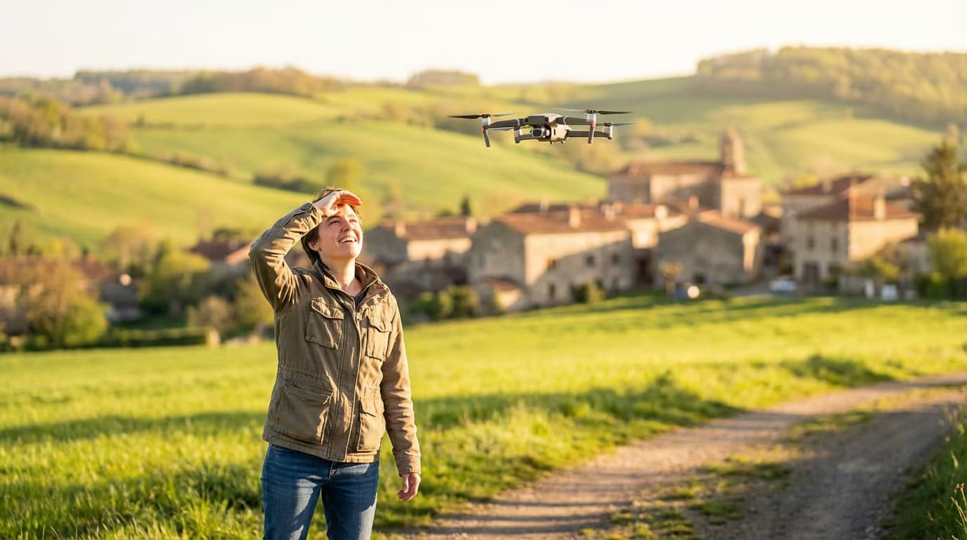Una mujer sonriente observa un dron que sobrevuela un paisaje de verdes colinas y un pueblo de piedra, bajo un sol suave.