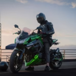 Motorcycle rider on kawasaki z1000 at sunset