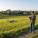 Jeune homme souriant pilotant un drone gris au-dessus d'un champ verdoyant, avec un village en fond.
