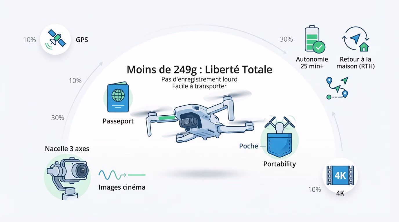 Drone ultra léger de moins de 250 grammes idéal pour voyager sans contraintes réglementaires