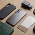Vue aérienne d'un smartphone gris, d'une coque, d'un étui portefeuille, d'un protecteur d'écran, d'un chargeur et de câbles USB-C sur une table en bois.