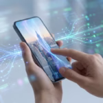 Mains interagissant avec un smartphone affichant une ville et des effets lumineux numériques, symbolisant l'IA et la connectivité.
